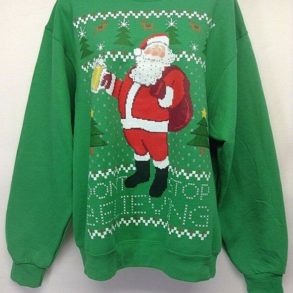 Jerseys Men Sweatshirt Ugly Green Xmas Santa With A Beer Pullover Sweater NWOT M - Picture 1 of 6